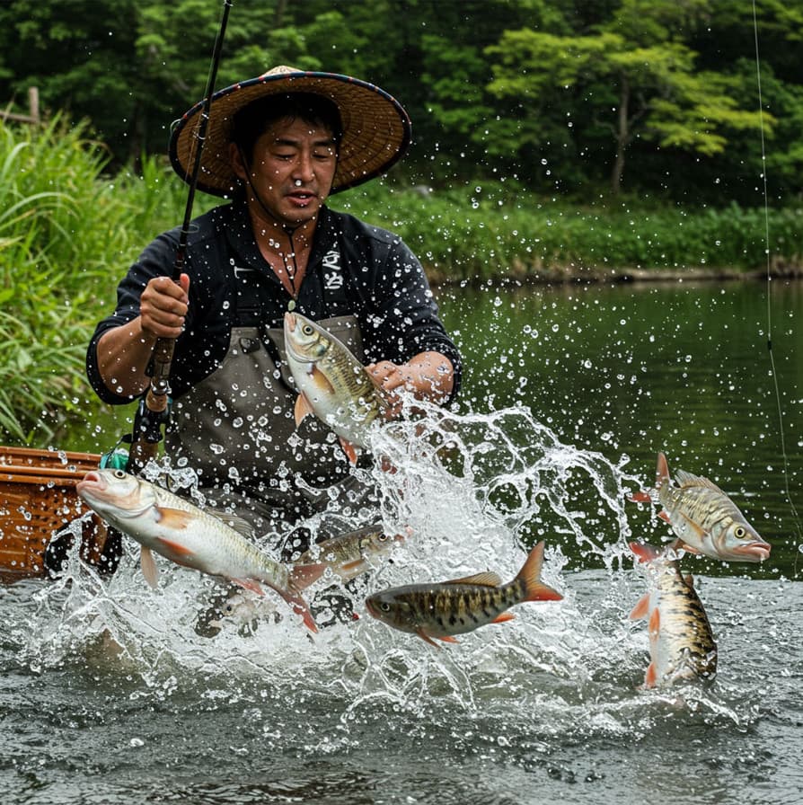 水面で跳ねる魚とアングラー